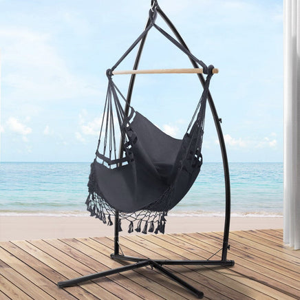 Outdoor Hammock Chair with Steel Stand Tassel Hanging Rope Hammock Grey Summer Sale Kings Warehouse 