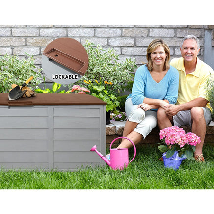 Outdoor Storage Box 290L Lockable Organiser Garden Deck Shed Tool Brown Furniture Kings Warehouse 