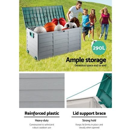 Outdoor Storage Box 290L Lockable Organiser Garden Deck Shed Tool Green Furniture Kings Warehouse 