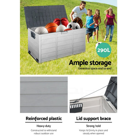 Outdoor Storage Box 290L Lockable Organiser Garden Deck Shed Tool Grey Furniture Kings Warehouse 
