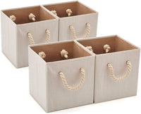 Pack of 4 Foldable Fabric Storage Cube Bins with Cotton Rope Handle and Collapsible Water Resistant Basket Box Organizer for Shelves (Beige) Kings Warehouse 