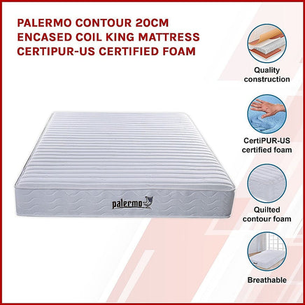 Palermo Contour 20cm Encased Coil King Mattress CertiPUR-US Certified Foam Furniture Kings Warehouse 