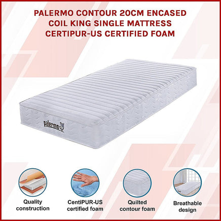 Palermo Contour 20cm Encased Coil King Single Mattress CertiPUR-US Certified Foam Furniture Kings Warehouse 
