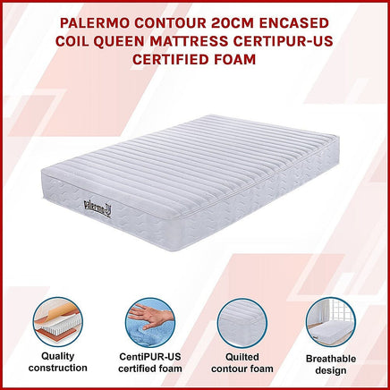 Palermo Contour 20cm Encased Coil Queen Mattress CertiPUR-US Certified Foam Furniture Kings Warehouse 