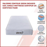 Palermo Contour 20cm Encased Coil Single Mattress CertiPUR-US Certified Foam Furniture Kings Warehouse 
