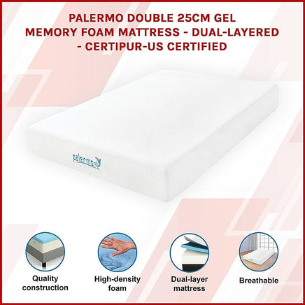 Palermo Double 25cm Gel Memory Foam Mattress - Dual-Layered - CertiPUR-US Certified Furniture Kings Warehouse 