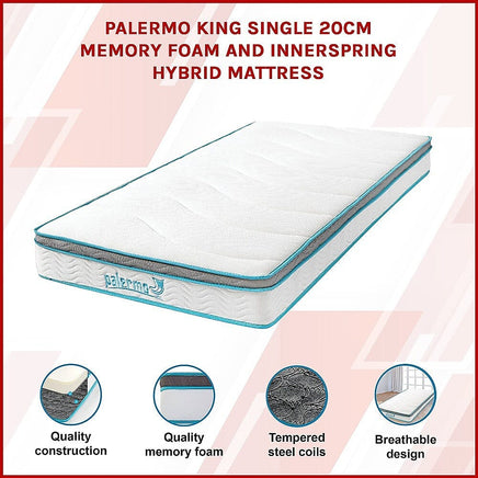 Palermo King Single 20cm Memory Foam and Innerspring Hybrid Mattress Furniture Kings Warehouse 