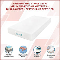 Palermo King Single 25cm Gel Memory Foam Mattress - Dual-Layered - CertiPUR-US Certified Furniture Kings Warehouse 