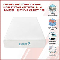 Palermo King Single 25cm Gel Memory Foam Mattress - Dual-Layered - CertiPUR-US Certified Kings Warehouse 