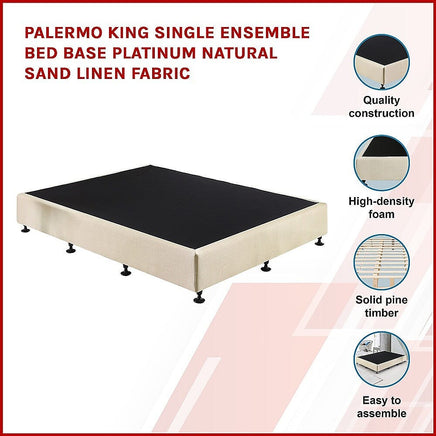 Palermo King Single Ensemble Bed Base Platinum Natural Sand Linen Fabric Furniture Kings Warehouse 