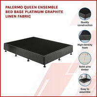 Palermo Queen Ensemble Bed Base Platinum Graphite Linen Fabric Furniture Kings Warehouse 