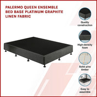 Palermo Queen Ensemble Bed Base Platinum Graphite Linen Fabric Kings Warehouse 