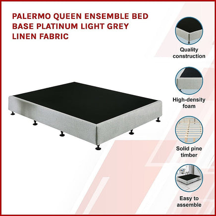 Palermo Queen Ensemble Bed Base Platinum Light Grey Linen Fabric Furniture Kings Warehouse 