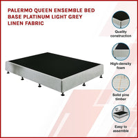 Palermo Queen Ensemble Bed Base Platinum Light Grey Linen Fabric Kings Warehouse 