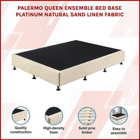 Palermo Queen Ensemble Bed Base Platinum Natural Sand Linen Fabric Furniture Kings Warehouse 