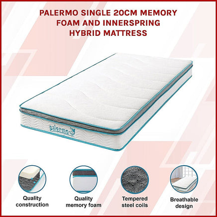 Palermo Single 20cm Memory Foam and Innerspring Hybrid Mattress Furniture Kings Warehouse 