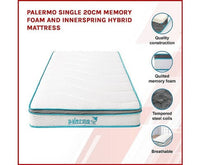 Palermo Single 20cm Memory Foam and Innerspring Hybrid Mattress Kings Warehouse 
