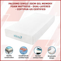 Palermo Single 25cm Gel Memory Foam Mattress - Dual-Layered - CertiPUR-US Certified Furniture Kings Warehouse 