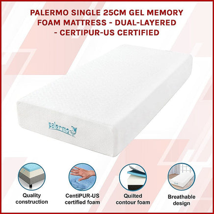 Palermo Single 25cm Gel Memory Foam Mattress - Dual-Layered - CertiPUR-US Certified Furniture Kings Warehouse 