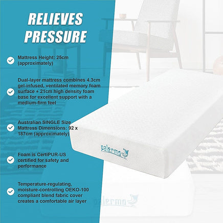 Palermo Single 25cm Gel Memory Foam Mattress - Dual-Layered - CertiPUR-US Certified Furniture Kings Warehouse 