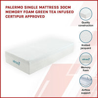 Palermo Single Mattress 30cm Memory Foam Green Tea Infused CertiPUR Approved Kings Warehouse 