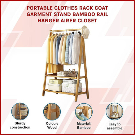 Portable Clothes Rack Coat Garment Stand Bamboo Rail Hanger Airer Closet Furniture Kings Warehouse 