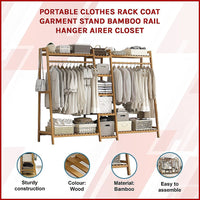 Portable Clothes Rack Coat Garment Stand Bamboo Rail Hanger Airer Closet Furniture Kings Warehouse 