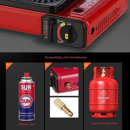 Portable Gas Stove Burner Butane BBQ Camping Gas Cooker With Non Stick Plate Red with Fish Pan and Lid Home & Garden Kings Warehouse 