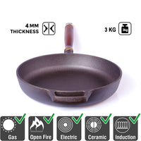 Pre-Seasoned 29cm Cast Iron Fry Pan Cookware Heat-Resistant Wooden Handle Kings Warehouse 