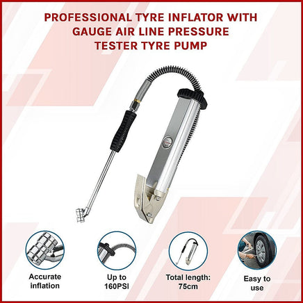 Professional Tyre Inflator with Gauge Air Line Pressure Tester Tyre Pump Tools Kings Warehouse 
