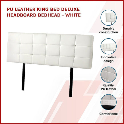 PU Leather King Bed Deluxe Headboard Bedhead - White Furniture Kings Warehouse 