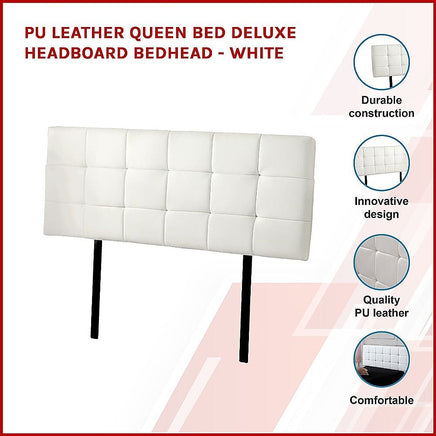 PU Leather Queen Bed Deluxe Headboard Bedhead - White Furniture Kings Warehouse 
