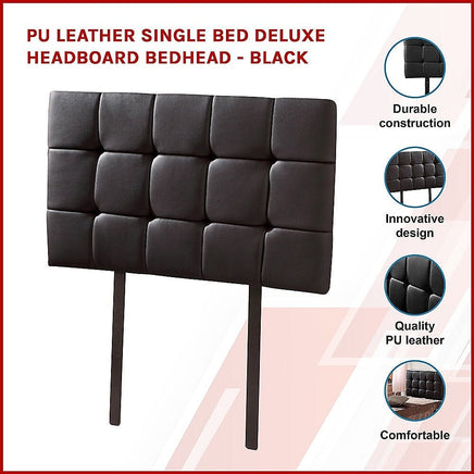 PU Leather Single Bed Deluxe Headboard Bedhead - Black Furniture Kings Warehouse 