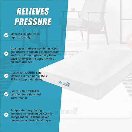Queen 25cm Gel Memory Foam Mattress – Dual-Layered Comfort with CertiPUR-US Certified Foam Furniture Kings Warehouse 