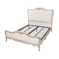 Queen Bedframe Linen Fabric Beige Oak Wood White Washed Finish Mattress Support Furniture Kings Warehouse 