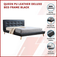 Queen PU Leather Deluxe Bed Frame Black Kings Warehouse 