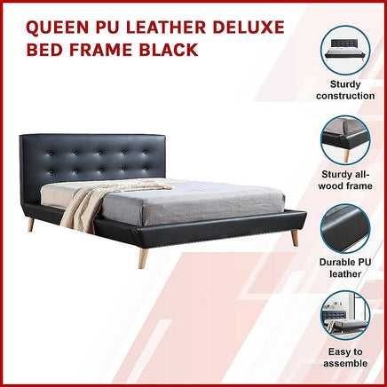 Queen PU Leather Deluxe Bed Frame Black Kings Warehouse 