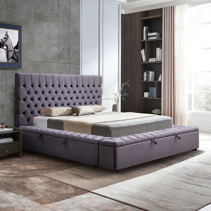 Queen Size Bedframe Velvet Upholstery Deep Grey Colour Tufted Headboard Deep Quilting Furniture Kings Warehouse 