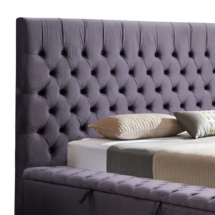 Queen Size Bedframe Velvet Upholstery Deep Grey Colour Tufted Headboard Deep Quilting Furniture Kings Warehouse 