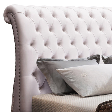 Queen Size Sleigh Bedframe Velvet Upholstery Beige Colour Tufted Headboard And Footboard Deep Quilting Furniture Kings Warehouse 
