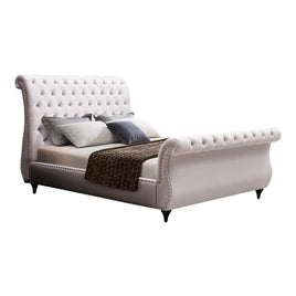 Queen Size Sleigh Bedframe Velvet Upholstery Beige Colour Tufted Headboard And Footboard Deep Quilting Furniture Kings Warehouse 