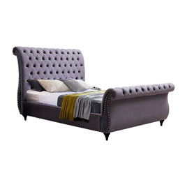 Queen Size Sleigh Bedframe Velvet Upholstery Grey Colour Tufted Headboard And Footboard Deep Quilting Furniture Kings Warehouse 
