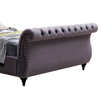 Queen Size Sleigh Bedframe Velvet Upholstery Grey Colour Tufted Headboard And Footboard Deep Quilting Furniture Kings Warehouse 