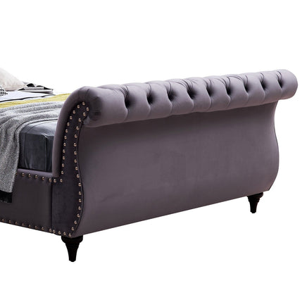 Queen Size Sleigh Bedframe Velvet Upholstery Grey Colour Tufted Headboard And Footboard Deep Quilting Furniture Kings Warehouse 