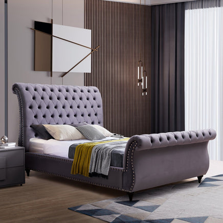 Queen Size Sleigh Bedframe Velvet Upholstery Grey Colour Tufted Headboard And Footboard Deep Quilting Furniture Kings Warehouse 