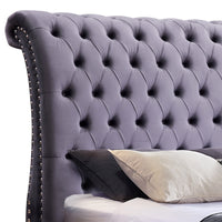 Queen Size Sleigh Bedframe Velvet Upholstery Grey Colour Tufted Headboard And Footboard Deep Quilting Furniture Kings Warehouse 