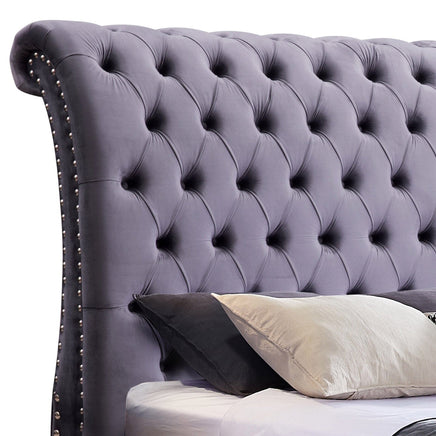 Queen Size Sleigh Bedframe Velvet Upholstery Grey Colour Tufted Headboard And Footboard Deep Quilting Furniture Kings Warehouse 