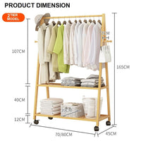 Rail Bamboo Clothes Rack Garment Hanging Stand 2 Tier Storage Shelves Closet 70cm Furniture Kings Warehouse 