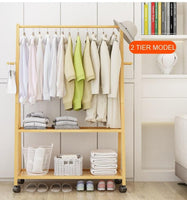 Rail Bamboo Clothes Rack Garment Hanging Stand 2 Tier Storage Shelves Closet 70cm Furniture Kings Warehouse 