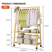 Rail Bamboo Clothes Rack Garment Hanging Stand 3 Tier Storage Shelves Closet 80cm Furniture Kings Warehouse 